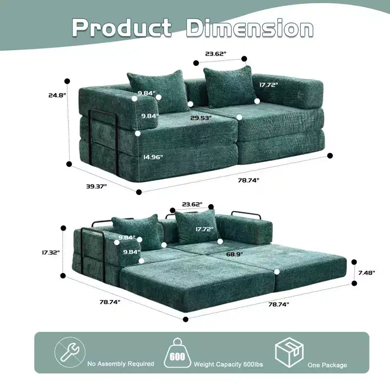 Canapé-lit convertible au sol Whisen avec cadre fixe, causeuses modulaires sans ossature en tissu chenille
