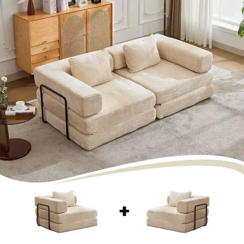 Canapé-lit convertible au sol Whisen avec cadre fixe, causeuses modulaires sans ossature en tissu chenille