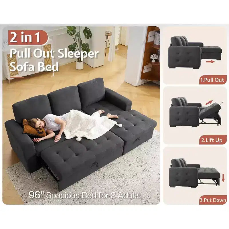 AMERLIFE Divano Letto 96 con Chaise Longue Contenitore Divano Letto Estraibile Convertibile per Soggiorno