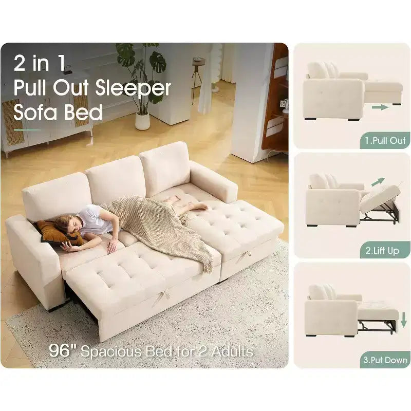 AMERLIFE Divano Letto 96 con Chaise Longue Contenitore Divano Letto Estraibile Convertibile per Soggiorno