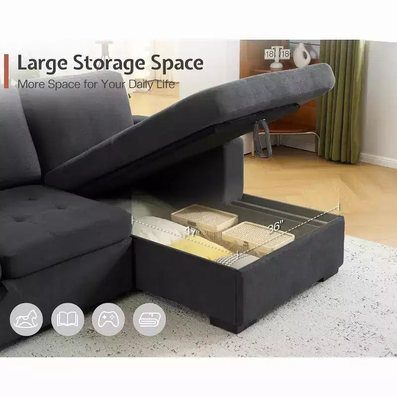 AMERLIFE Divano Letto 96 con Chaise Longue Contenitore Divano Letto Estraibile Convertibile per Soggiorno