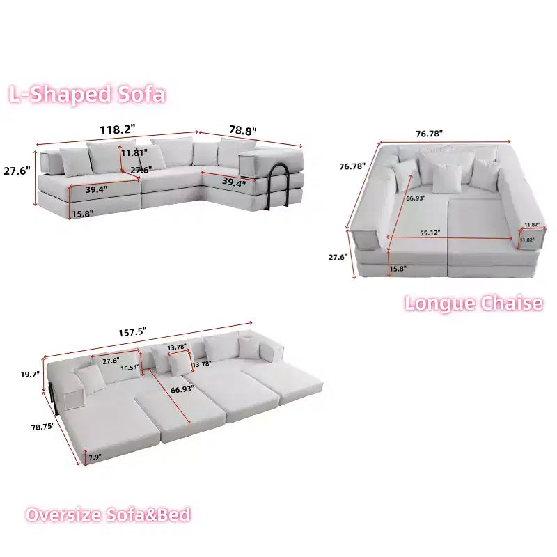 Canapé d'angle modulaire Whisen 118,2 L avec 6 oreillers, combinaison DIY surdimensionnée rembourrée