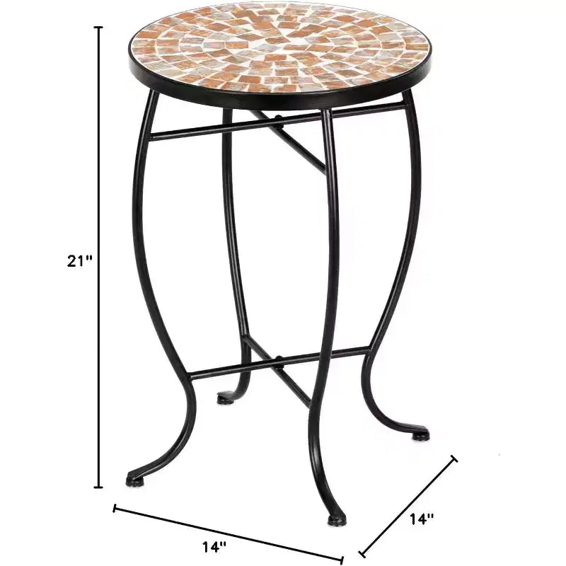 VINGLI Tavolino da Esterno Mosaico, Tavolino Rotondo da 35,5 cm, Tavolino d'Appoggio, Porta Piante Ideale per Piscina, Veranda, Patio, Terrazza o Lato Divano, Piano in Vetro