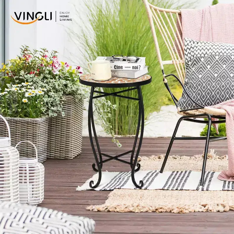 VINGLI Tavolino da Esterno Mosaico, Tavolino Rotondo da 35,5 cm, Tavolino d'Appoggio, Porta Piante Ideale per Piscina, Veranda, Patio, Terrazza o Lato Divano, Piano in Vetro
