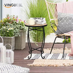 VINGLI Tavolino da Esterno Mosaico, Tavolino Rotondo da 35,5 cm, Tavolino d'Appoggio, Porta Piante Ideale per Piscina, Veranda, Patio, Terrazza o Lato Divano, Piano in Vetro