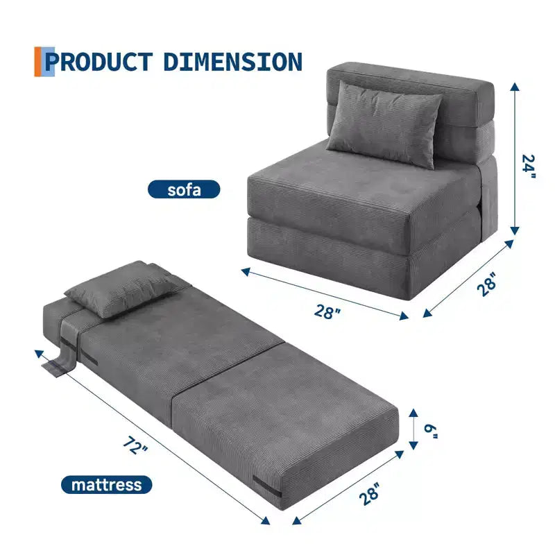 GustoWave Divano Letto Pieghevole Convertibile 4 in 1 - Poltrona Letto con Cuscino, Divano Futon e da Pavimento Moderno in Tessuto di Velluto a Coste, Grigio Scuro