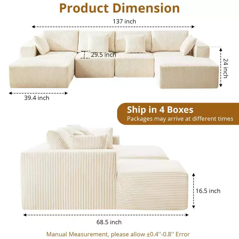 Divano componibile a U 137 con chaise longue, divano in velluto a coste senza struttura con seduta profonda, divano imbottito modulare moderno oversize, per soggiorno