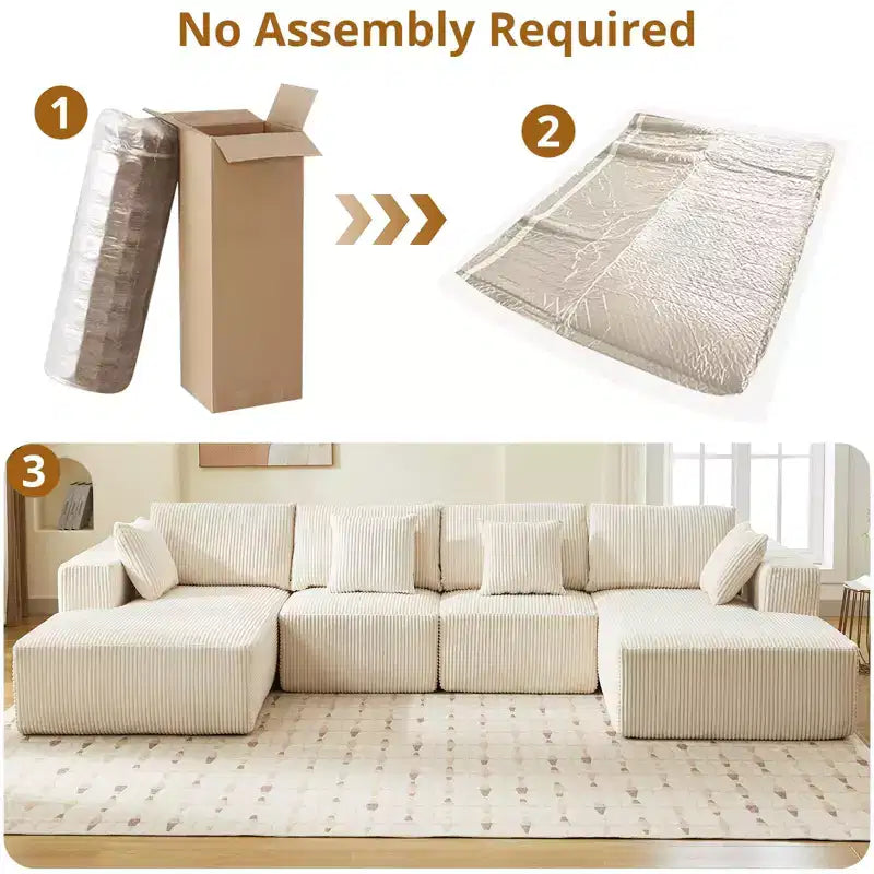 Divano componibile a U 137 con chaise longue, divano in velluto a coste senza struttura con seduta profonda, divano imbottito modulare moderno oversize, per soggiorno