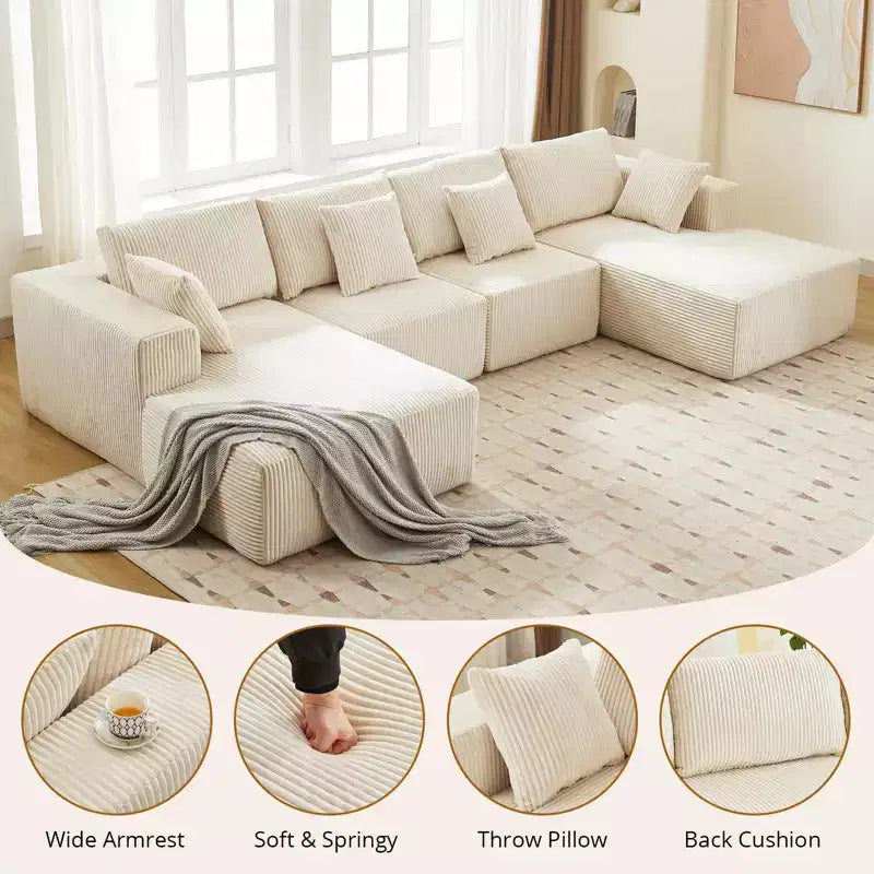 Divano componibile a U 137 con chaise longue, divano in velluto a coste senza struttura con seduta profonda, divano imbottito modulare moderno oversize, per soggiorno