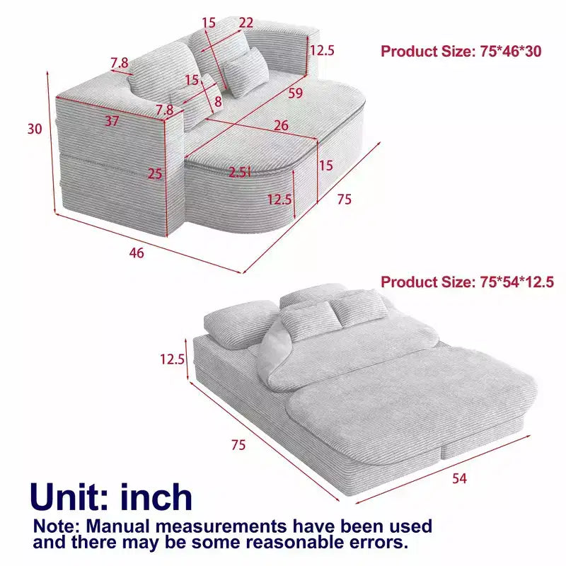 Divano pieghevole beige 2 in 1 da 75 pollici con coperta multifunzionale, letto pieghevole in velluto a coste per pavimento