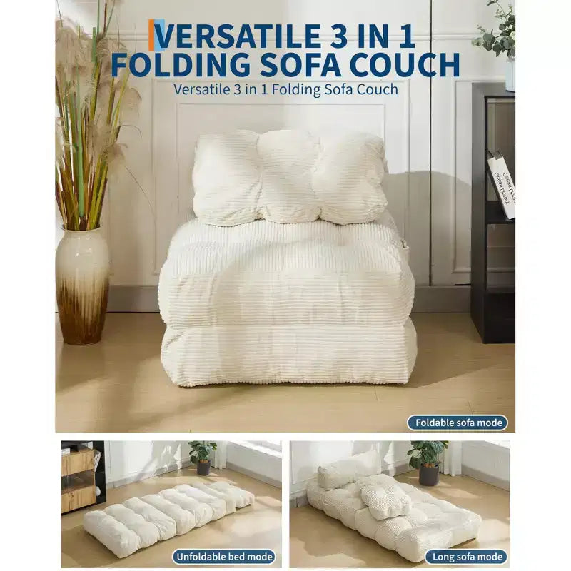 Divano Letto Pieghevole 3-in-1 con Cuscino, Poltrona Letto Convertibile in Velluto a Coste per Soggiorno, Camera da Letto, Dormitorio o Appartamento