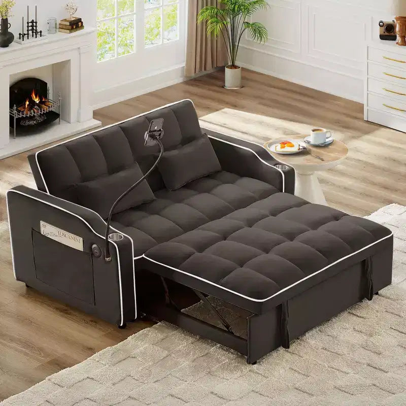 Divano letto estraibile moderno Okak con tasche laterali e supporto per telefono, comodo divanetto in velluto per soggiorno, appartamento