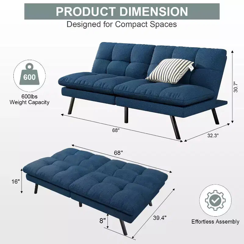 Dyonery Divano Letto Futon Convertibile 68, Divano Letto Pieghevole con Schienale Regolabile, Divanetto Reclinabile in Lino per Piccoli Spazi