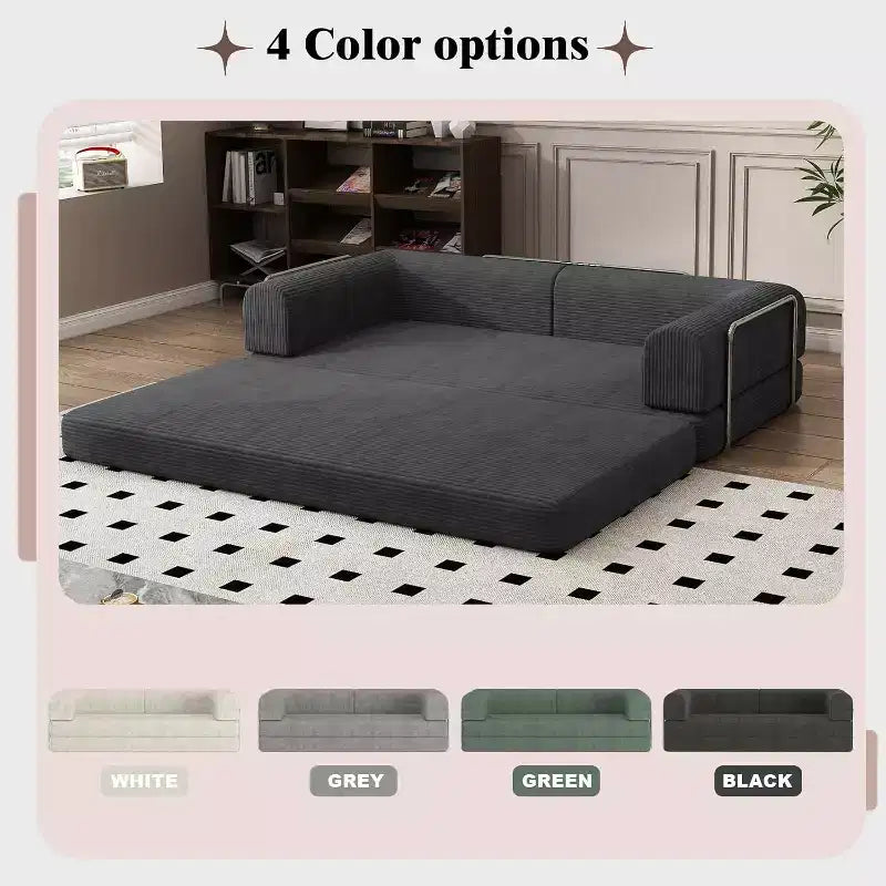Divano Letto Convertibile in Velluto a Coste, Divano Pieghevole con Materasso, Divano da Terra Senza Montaggio, Futon Pieghevole da Tre Posti King Size, Divano Letto Modulare