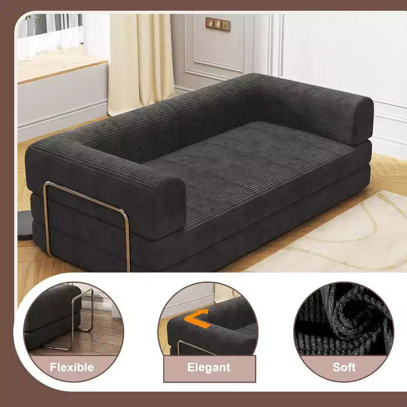 Divano Letto Convertibile in Velluto a Coste, Divano Pieghevole con Materasso, Divano da Terra Senza Montaggio, Futon Pieghevole da Tre Posti King Size, Divano Letto Modulare