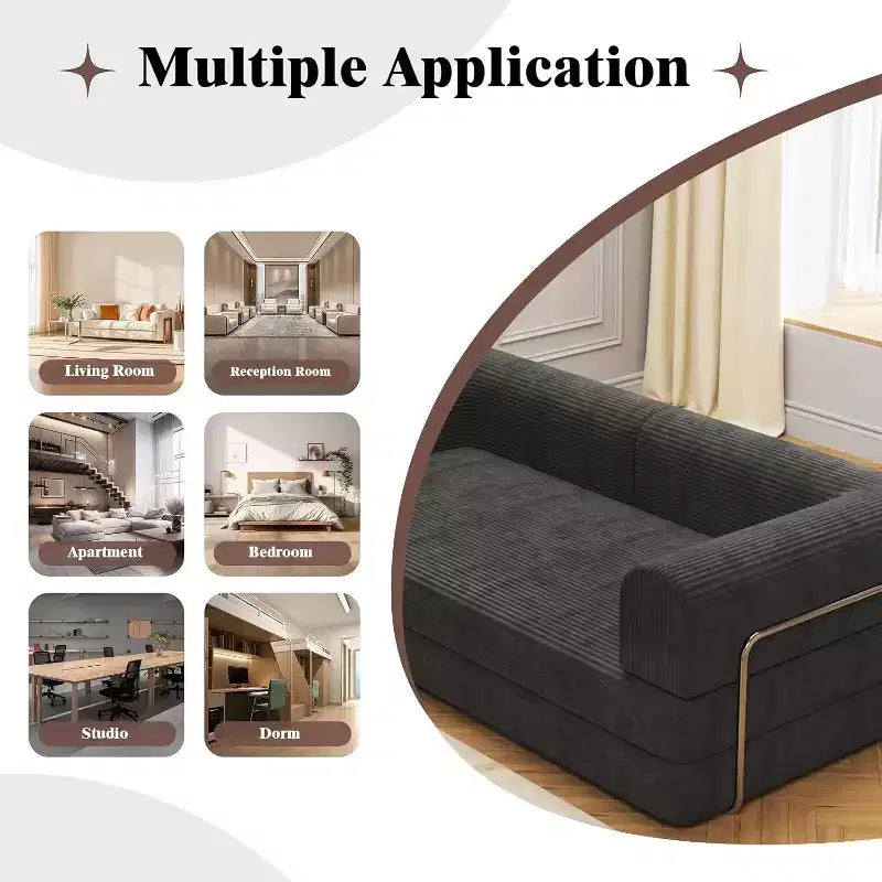 Divano Letto Convertibile in Velluto a Coste, Divano Pieghevole con Materasso, Divano da Terra Senza Montaggio, Futon Pieghevole da Tre Posti King Size, Divano Letto Modulare