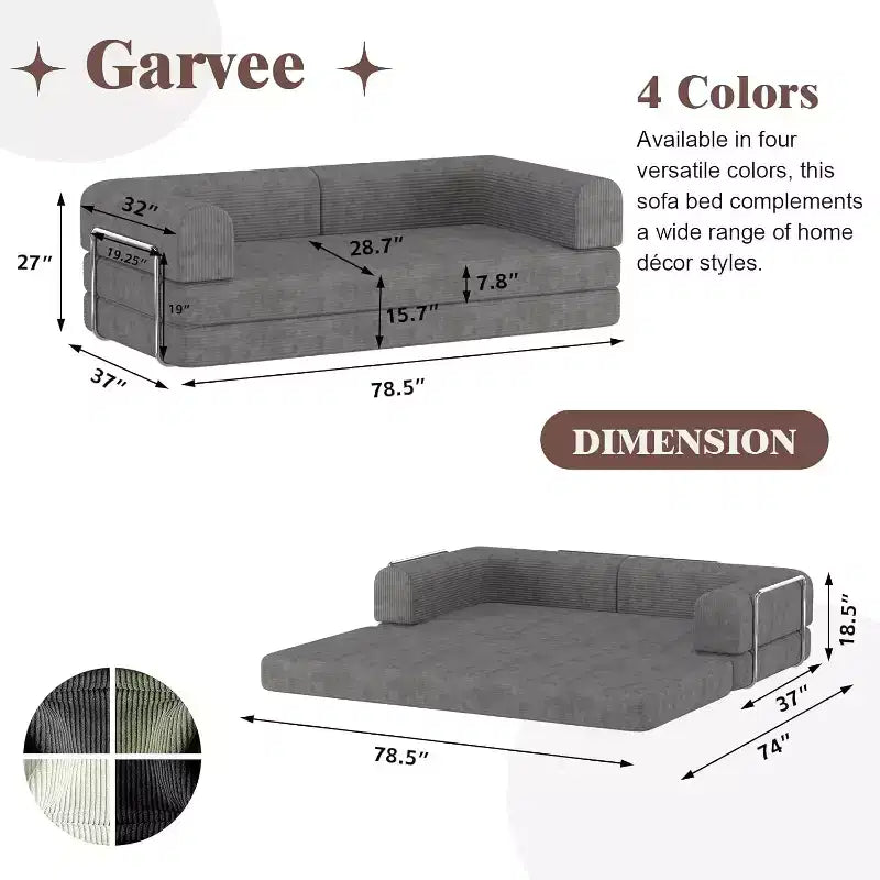Divano Letto Convertibile in Velluto a Coste, Divano Pieghevole con Materasso, Divano da Terra Senza Montaggio, Futon Pieghevole da Tre Posti King Size, Divano Letto Modulare
