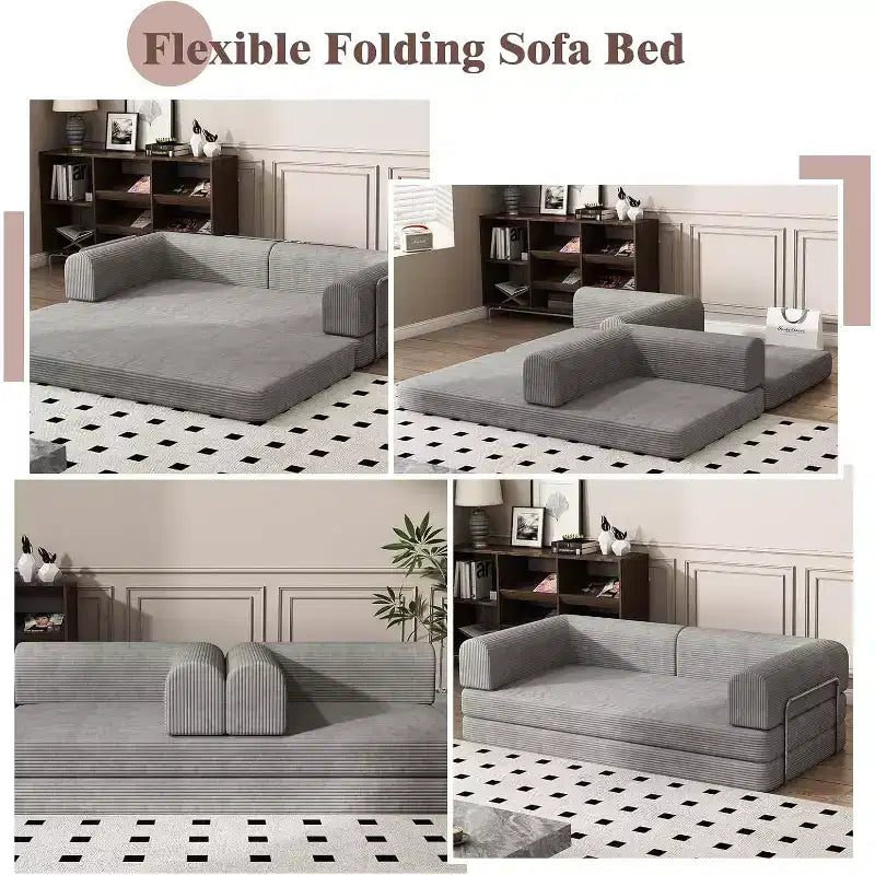 Divano Letto Convertibile in Velluto a Coste, Divano Pieghevole con Materasso, Divano da Terra Senza Montaggio, Futon Pieghevole da Tre Posti King Size, Divano Letto Modulare