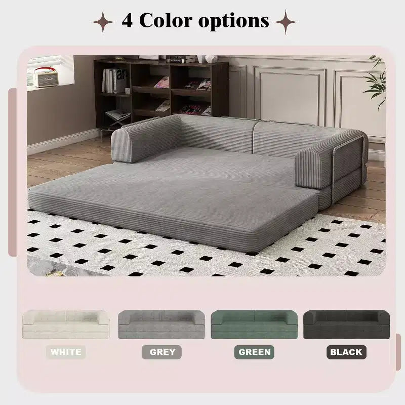 Divano Letto Convertibile in Velluto a Coste, Divano Pieghevole con Materasso, Divano da Terra Senza Montaggio, Futon Pieghevole da Tre Posti King Size, Divano Letto Modulare