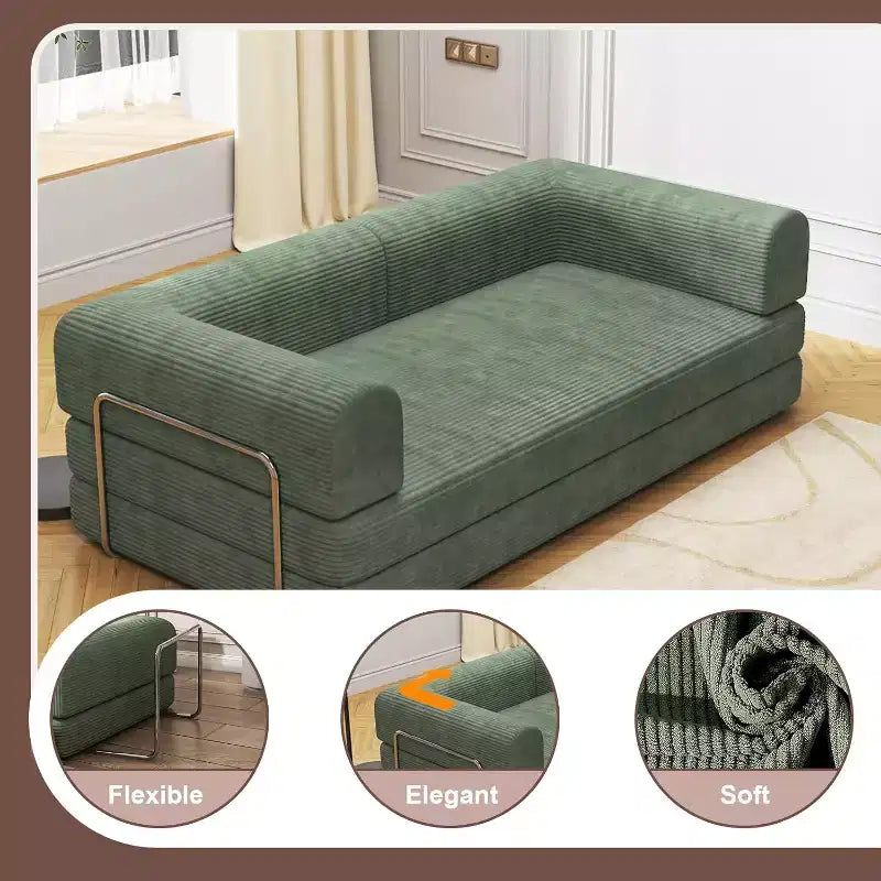 Divano Letto Convertibile in Velluto a Coste, Divano Pieghevole con Materasso, Divano da Terra Senza Montaggio, Futon Pieghevole da Tre Posti King Size, Divano Letto Modulare