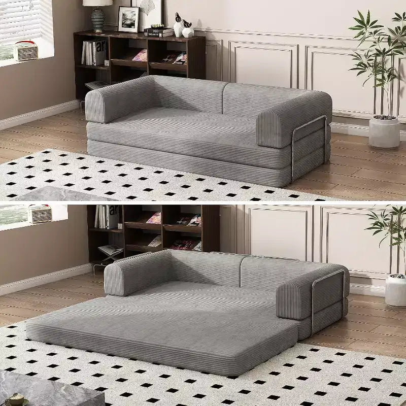 Divano Letto Convertibile in Velluto a Coste, Divano Pieghevole con Materasso, Divano da Terra Senza Montaggio, Futon Pieghevole da Tre Posti King Size, Divano Letto Modulare