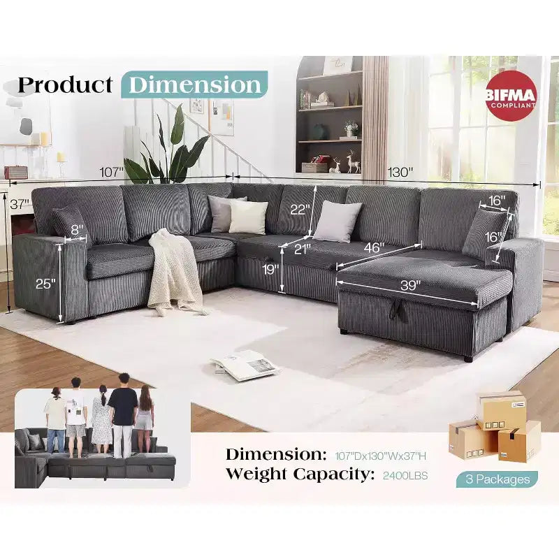 AMERLIFE 130 Divano Letto, Divano Estraibile con Contenitore, Divano Trasformabile a 6 Posti per Soggiorno