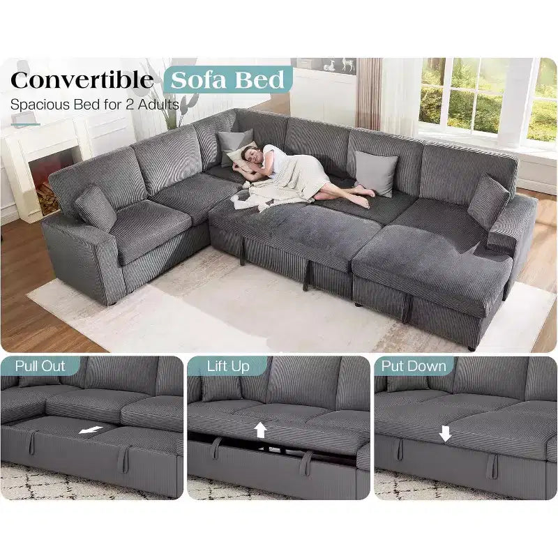AMERLIFE 130 Divano Letto, Divano Estraibile con Contenitore, Divano Trasformabile a 6 Posti per Soggiorno