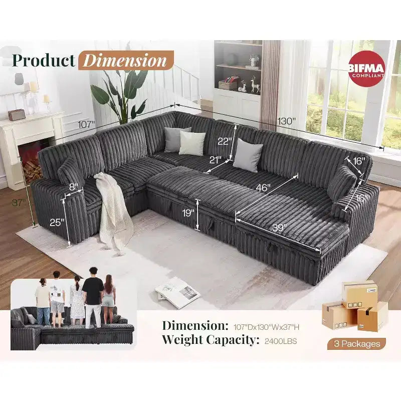 AMERLIFE 130 Divano Letto, Divano Estraibile con Contenitore, Divano Trasformabile a 6 Posti per Soggiorno