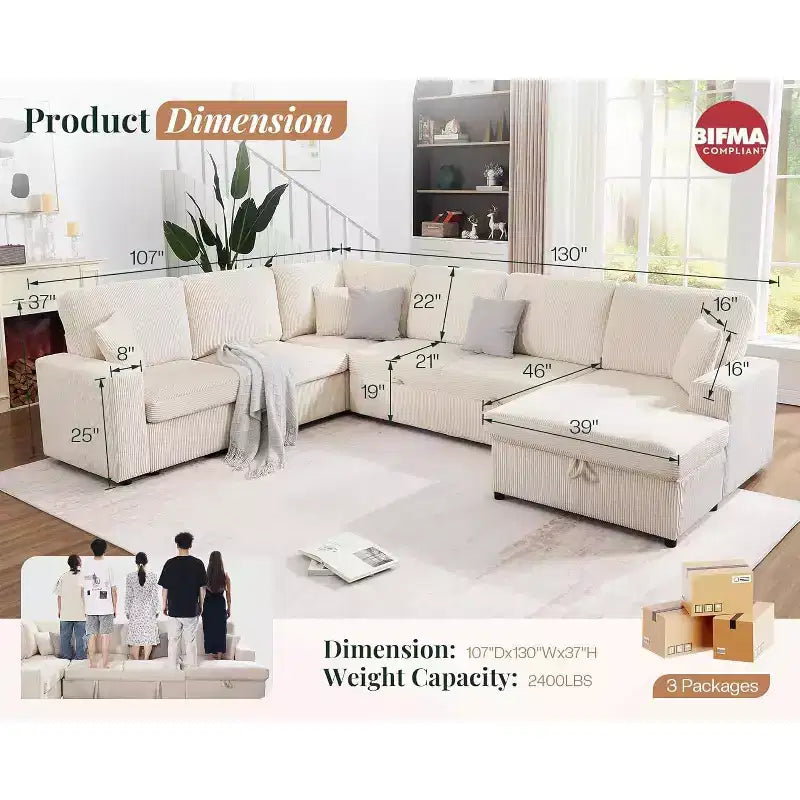 AMERLIFE 130 Divano Letto, Divano Estraibile con Contenitore, Divano Trasformabile a 6 Posti per Soggiorno