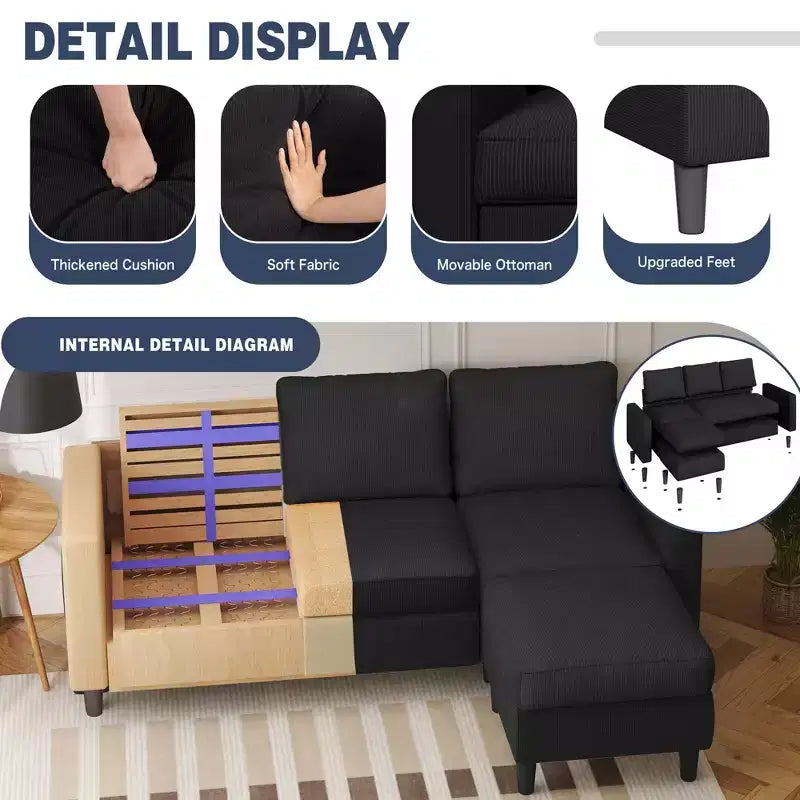 Celebalcony 73.6 Divano Sezionale Imbottito con Pouf per Soggiorno, Appartamento, Sala, Camera da Letto, Coperture Lavabili
