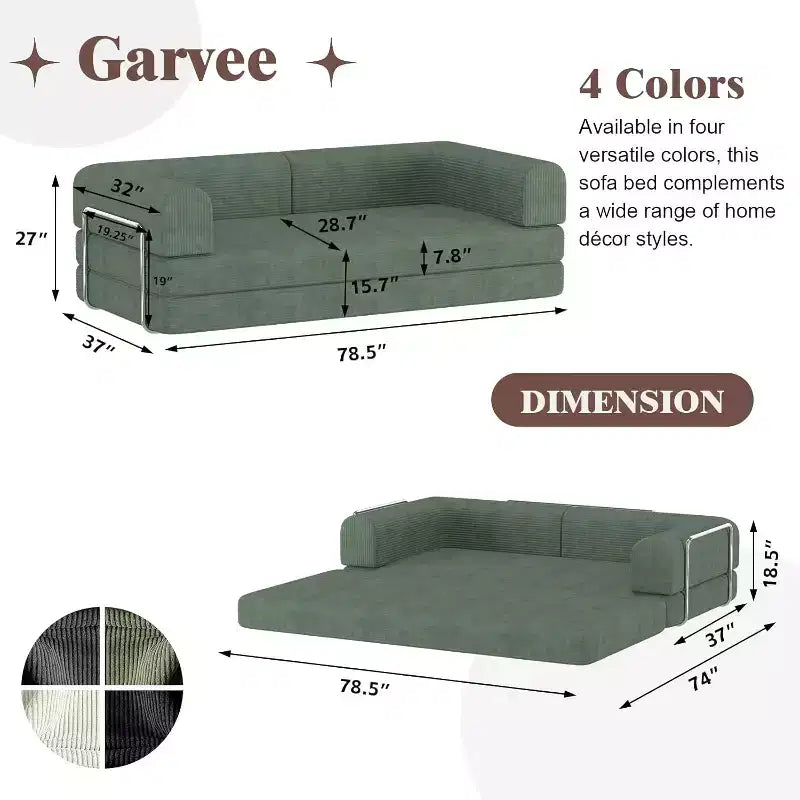 Divano Letto Trasformabile in Velluto a Coste, Divano con Materasso Pieghevole e Struttura a Forma Fissa, Futon King Size a 3 Posti per Casa e Ufficio