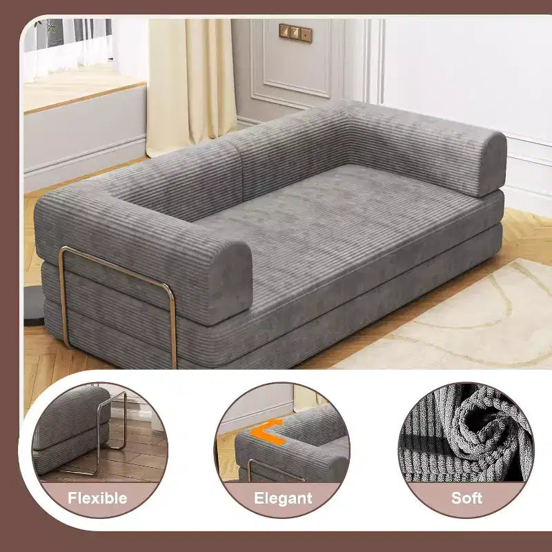 Divano Letto Trasformabile in Velluto a Coste, Divano con Materasso Pieghevole e Struttura a Forma Fissa, Futon King Size a 3 Posti per Casa e Ufficio