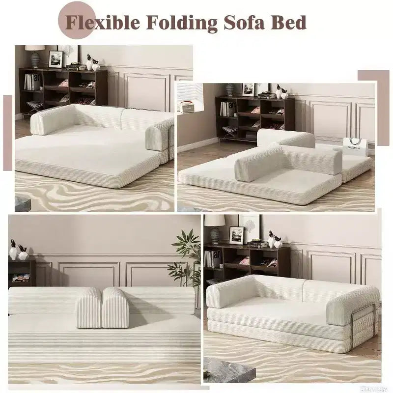 Divano Letto Trasformabile in Velluto a Coste, Divano con Materasso Pieghevole e Struttura a Forma Fissa, Futon King Size a 3 Posti per Casa e Ufficio