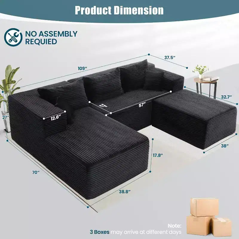Divano componibile a U Homdox 109 a forma di nuvola con pouf - Set divano in velluto a coste senza struttura, sedili profondi e spessi, nessun montaggio richiesto