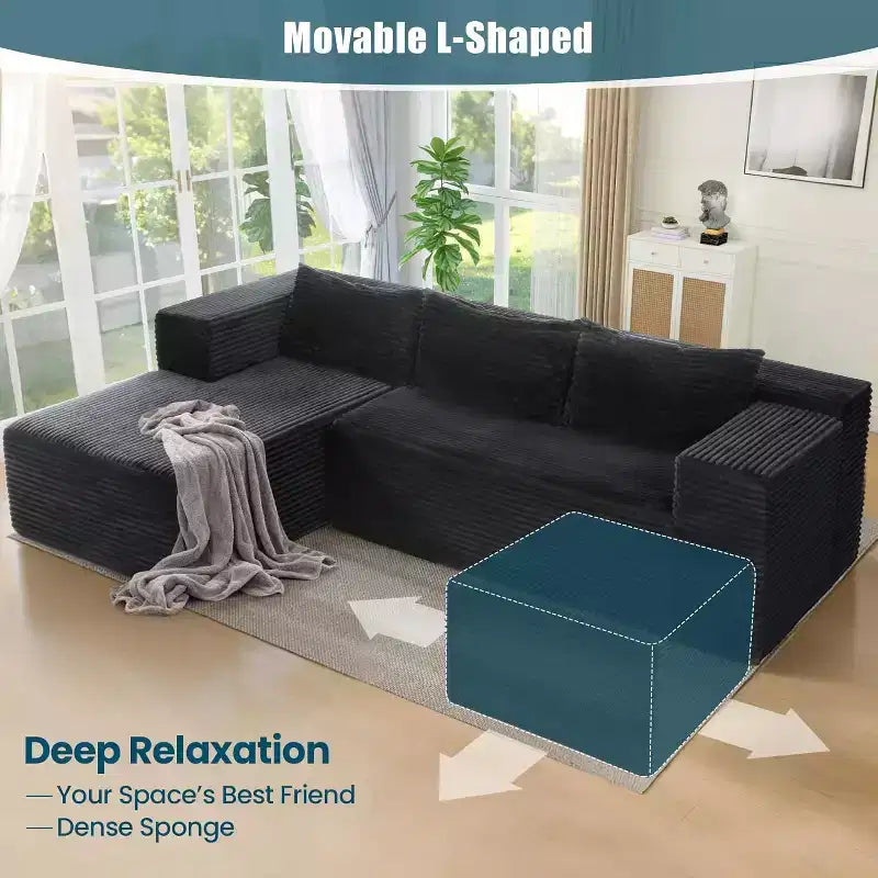 Divano componibile a U Homdox 109 a forma di nuvola con pouf - Set divano in velluto a coste senza struttura, sedili profondi e spessi, nessun montaggio richiesto