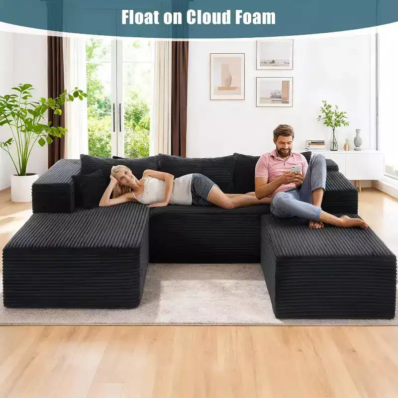 Divano componibile a U Homdox 109 a forma di nuvola con pouf - Set divano in velluto a coste senza struttura, sedili profondi e spessi, nessun montaggio richiesto