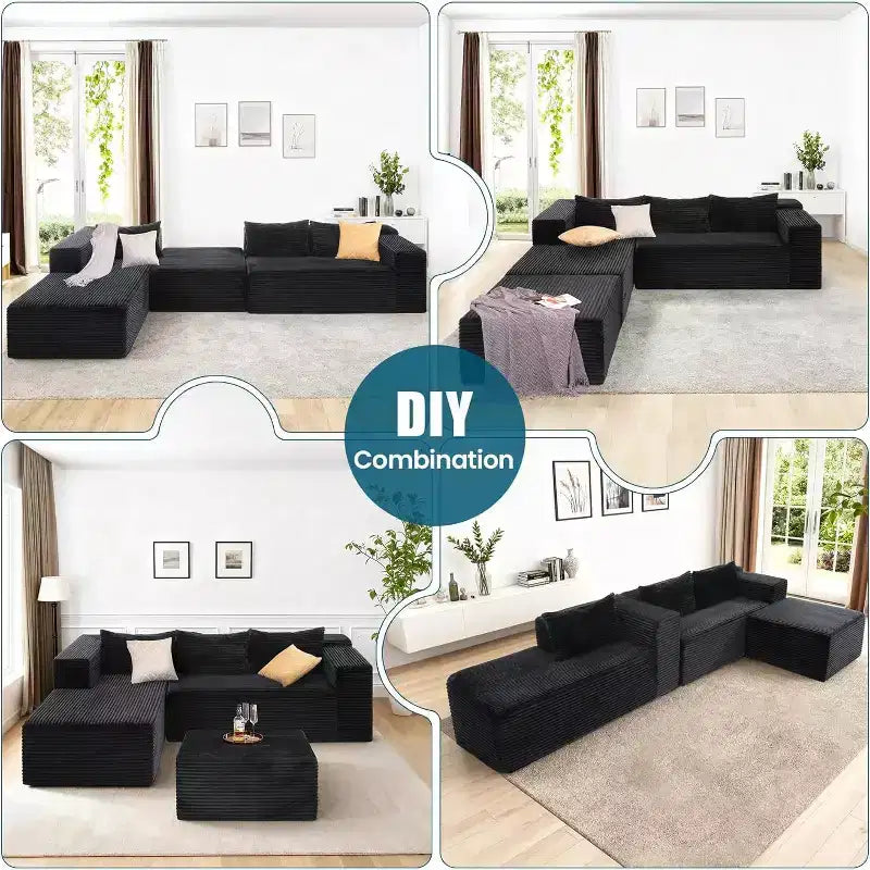 Divano componibile a U Homdox 109 a forma di nuvola con pouf - Set divano in velluto a coste senza struttura, sedili profondi e spessi, nessun montaggio richiesto