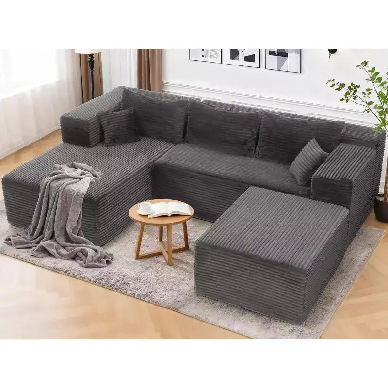 Divano componibile a U Homdox 109 a forma di nuvola con pouf - Set divano in velluto a coste senza struttura, sedili profondi e spessi, nessun montaggio richiesto
