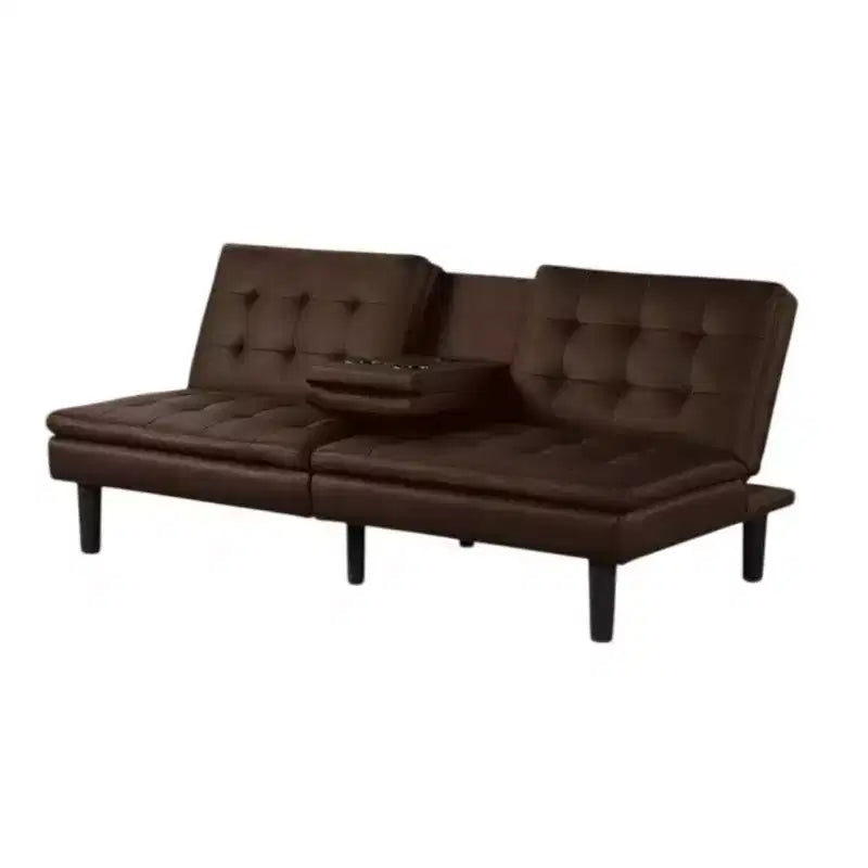 Divano Letto Futon Royal Hampton, Vassoio a Scomparsa e Portabicchieri, Similpelle Marrone