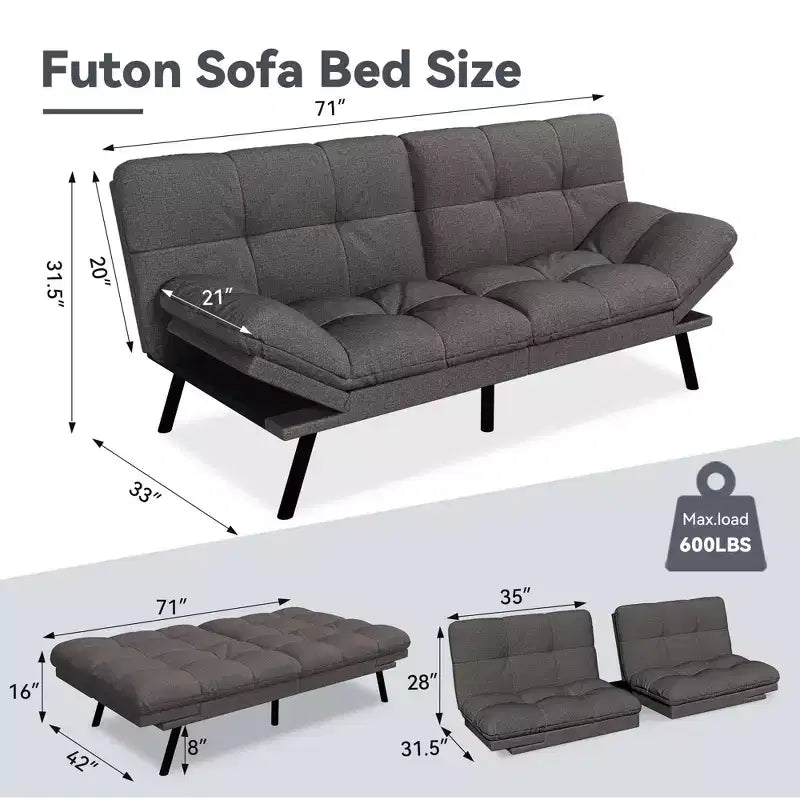 Dyonery 71 Divano Letto Futon Convertibile, Divano Futon Moderno in Lino con Cuscino Rimovibile, Schienale e Braccioli Regolabili
