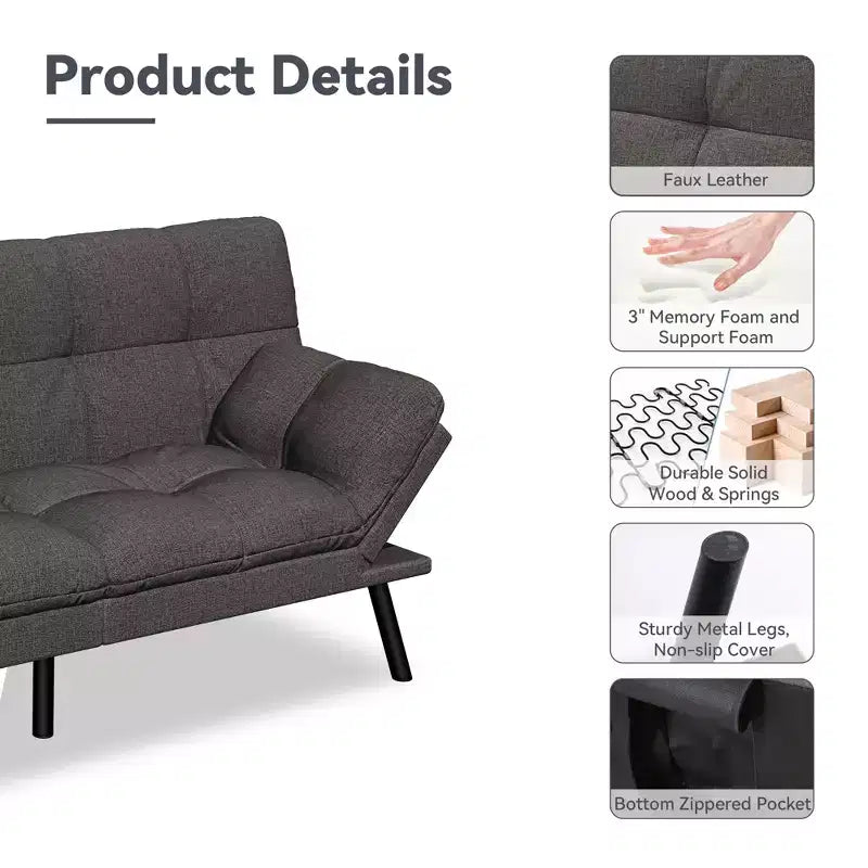 Dyonery 71 Divano Letto Futon Convertibile, Divano Futon Moderno in Lino con Cuscino Rimovibile, Schienale e Braccioli Regolabili