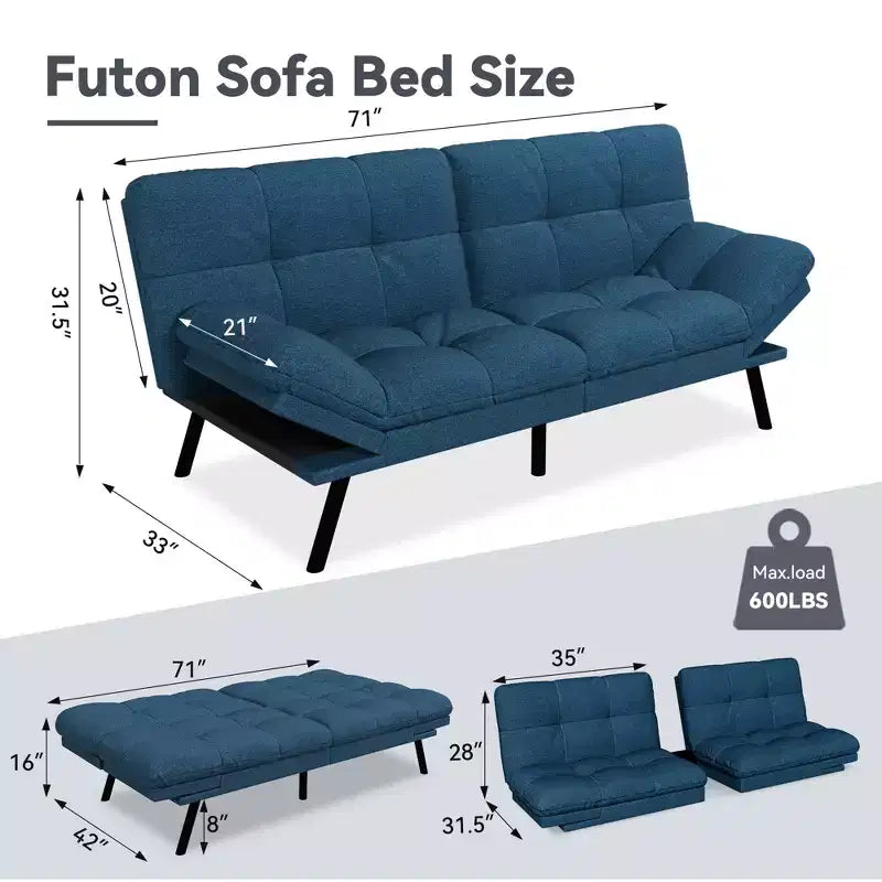 Dyonery 71 Divano Letto Futon Convertibile, Divano Futon Moderno in Lino con Cuscino Rimovibile, Schienale e Braccioli Regolabili