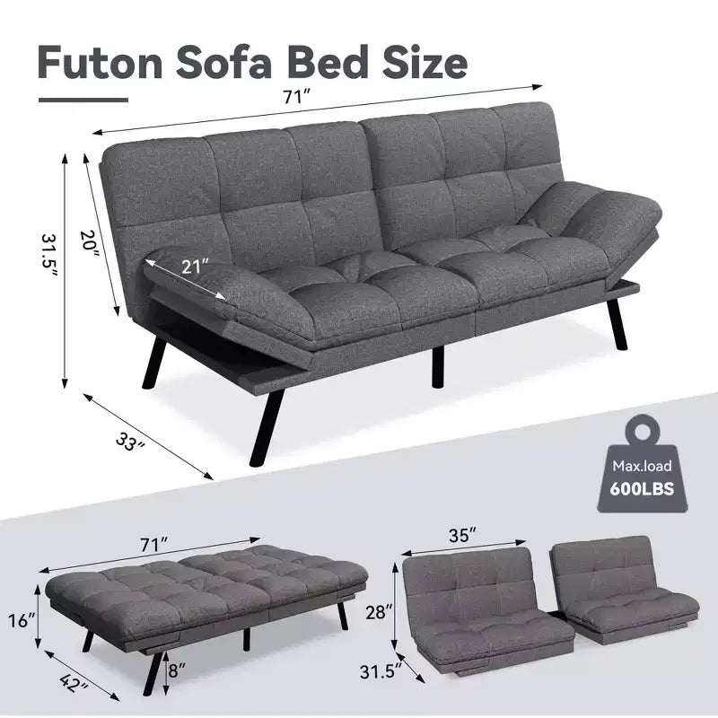 Dyonery 71 Divano Letto Futon Convertibile, Divano Futon Moderno in Lino con Cuscino Rimovibile, Schienale e Braccioli Regolabili