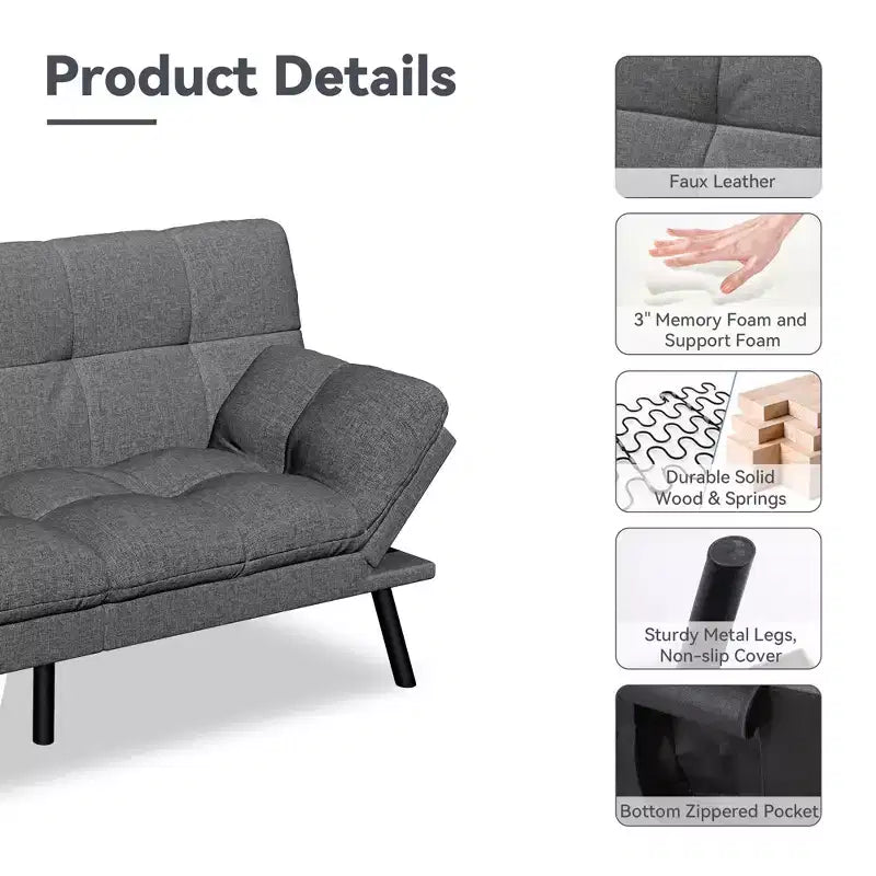 Dyonery 71 Divano Letto Futon Convertibile, Divano Futon Moderno in Lino con Cuscino Rimovibile, Schienale e Braccioli Regolabili