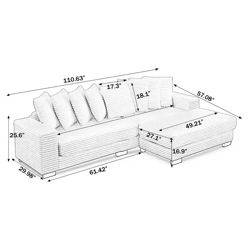 Divano sezionale letto imbottito in velluto a coste EHMKNP, divano convertibile modulare a L con pouf
