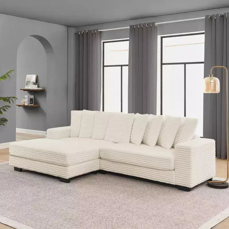 Divano sezionale letto imbottito in velluto a coste EHMKNP, divano convertibile modulare a L con pouf