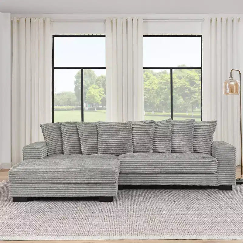 Divano sezionale letto imbottito in velluto a coste EHMKNP, divano convertibile modulare a L con pouf