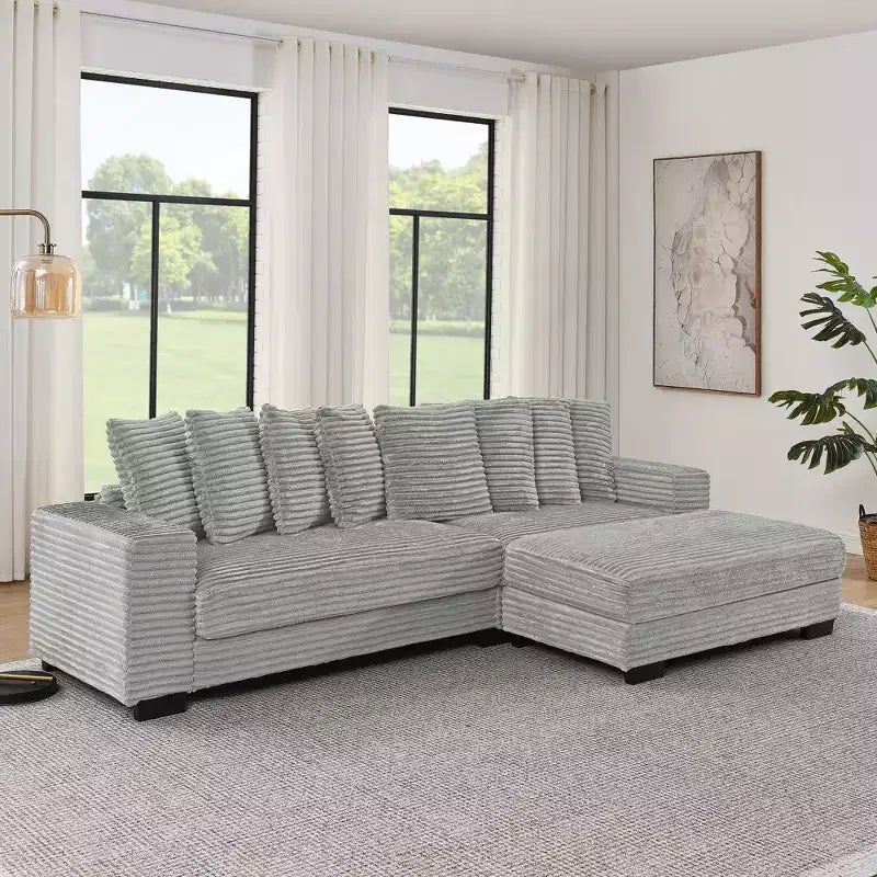 Divano sezionale letto imbottito in velluto a coste EHMKNP, divano convertibile modulare a L con pouf
