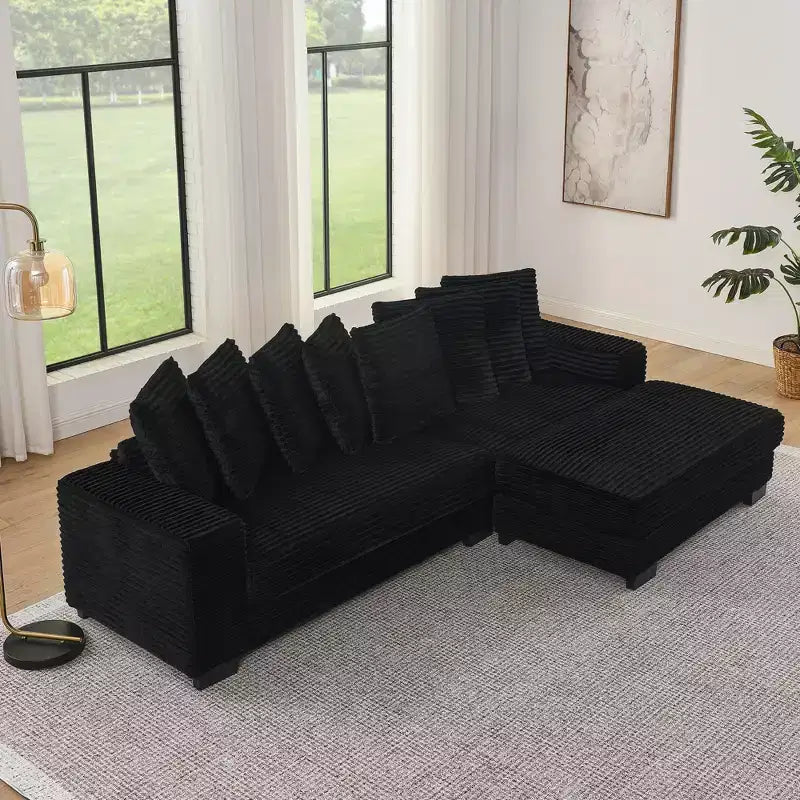 Divano sezionale letto imbottito in velluto a coste EHMKNP, divano convertibile modulare a L con pouf