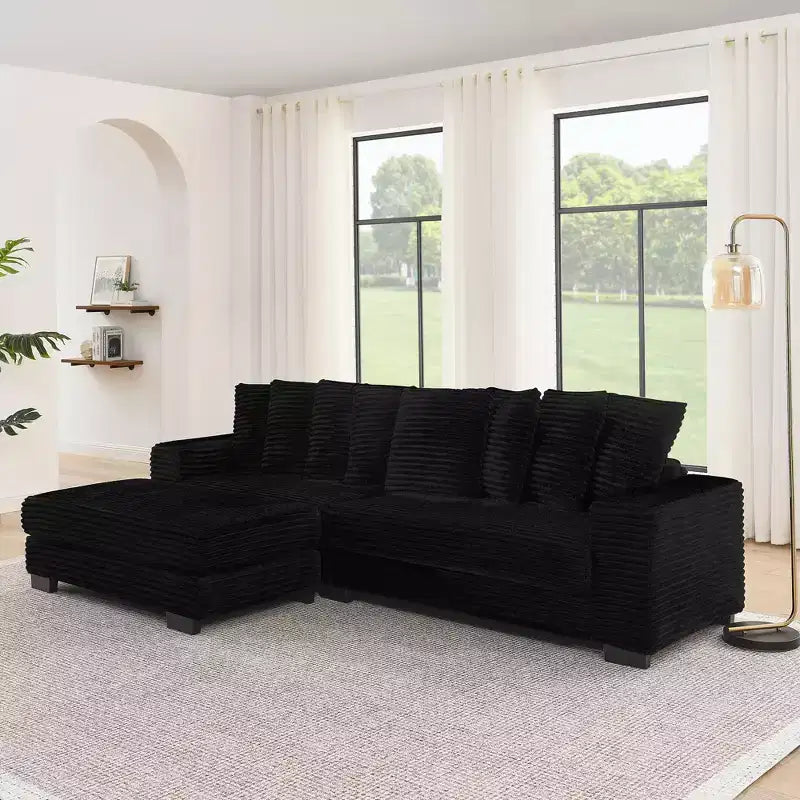 Divano sezionale letto imbottito in velluto a coste EHMKNP, divano convertibile modulare a L con pouf